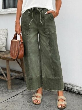 High-Rise Olive Wide-Leg Utility Pants with Drawstring